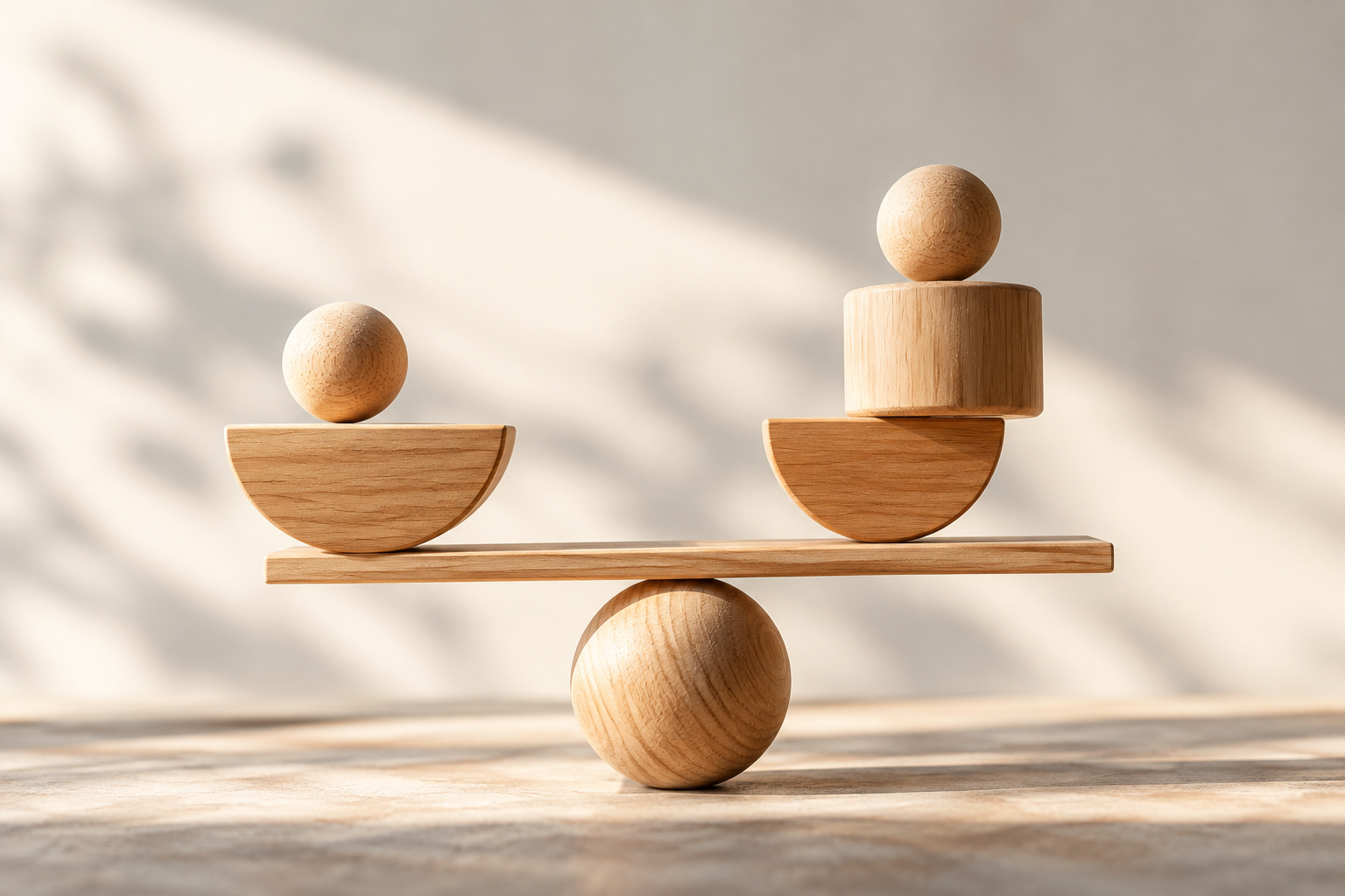 Wooden geometric shapes balanced precariously on gray background